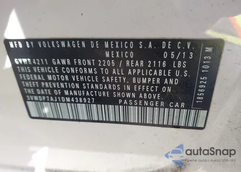 2013 Volkswagen Jetta 2.5L Se z USA, uszkodzony, nr VIN 3VWDP7AJ1DM438927